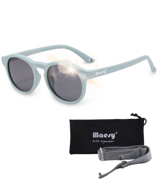 Maesy - baby zonnebril Bowi - 1-3 jaar - flexibel buigbaar - verstelbaar elastiek - gepolariseerde UV400 bescherming- dreumes en peuter - jongens en meisjes - kinder zonnebril rond - licht blauw van Maesy