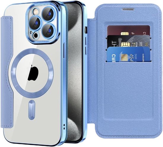 Magnetische stootvaste klaphoes voor iPhone 15 Pro met MagSafe, krasbestendige transparante achterkant en Far Peak blauw design van Merkloos