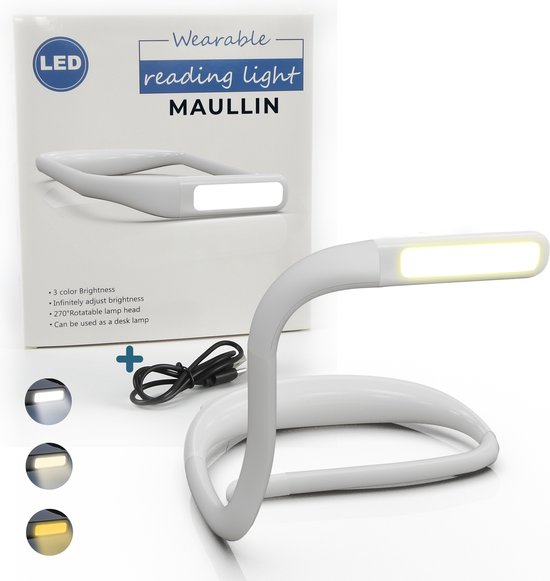 Maullin Nekleeslamp - Neklamp - Leeslampje voor Boek - voor in Bed - Neklampje voor Haakwerk - Boeklampje & Nekleeslamp - Oplaadbaar - Flexibel - Wit
