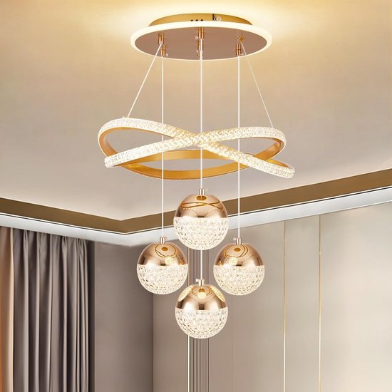 Moderne gouden LED-kroonluchter, dimbare hanglamp met 3 kleuren voor keukeneiland, eetkamer, woonkamer, eigentijdse plafondlamp, in hoogte verstelbaar, perfect voor een modern interieur. van Merkloos