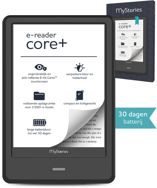 MyStories E-reader Core+ - 6 inch touchscreen - 4GB opslag voor 3.500 ebooks - Schermverlichting - E-book reader - Zwart van MyStories