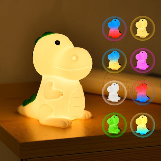 Nachtlampje voor kinderen, 7-kleurige, 3-lichts LED-dinosaurus-siliconenlamp, aanraakbediening/oplaadbaar via USB, dimbare kinderlamp voor de slaapkamer. van Merkloos