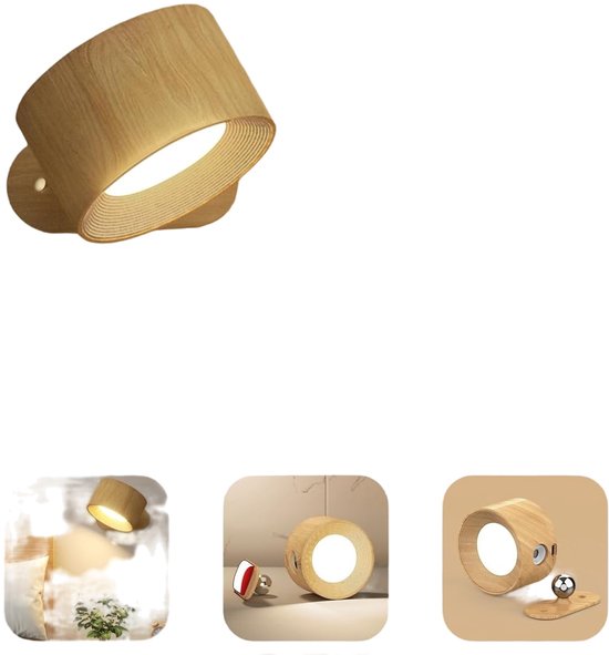 Nachtlampje - Wandlamp binnen - Oplaadbare wandlamp - Nachtlampje kinderen - Wandlamp met batterij 1 stuk - Touch control 3 helderheidsniveaus - 360° draaibaar - Voor woonkamer-Slaapkamer-Trap - Houtnerf van Merkloos