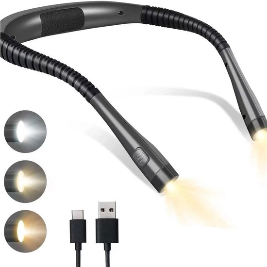 Nekbandleeslamp - 3 kleuren, 3 instelbare helderheidsniveaus - Oplaadbaar - Batterijduur van 6-80 uur - Flexibele lamparm - Geschikt voor lezen, breien, kamperen, naaien en reparaties van Merkloos