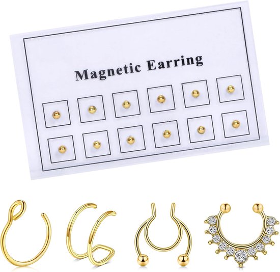 Neus sieraden zonder boren, magnetische studs voor neus van roestvrij staal, magnetische oorbellen voor vrouwen en mannen, met zilveren en gouden studs