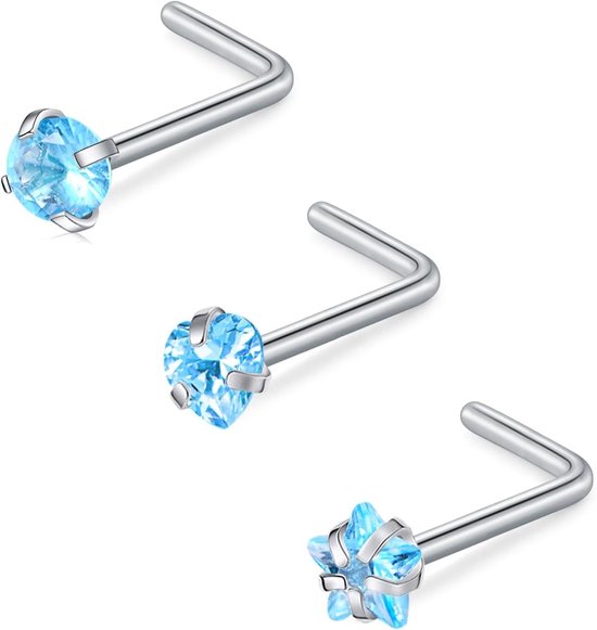 Neus Stud L Vorm Neus Ring Stud Neus Bar 18G 20G 1.5mm 2mm 2.5mm 3mm L Vormige Neus Piercing Sieraden Roestvrij Staal Helder Roze Blauw Ronde Ster Hart Diamant Zilver Goud Zwart