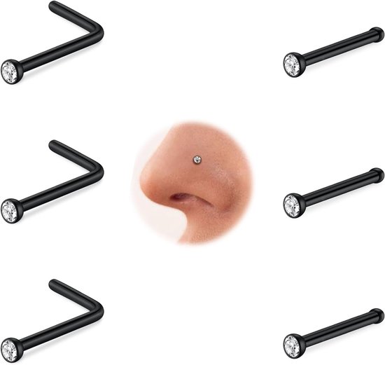 Neuspiercing 18 G 20 G 22 G hypoallergeen L-vorm recht 5/7/9 mm lengte neussteker roestvrij staal 1,5/2/2,5 mm diamantdunne kleine neus piercing sieraad goud zilver zwart