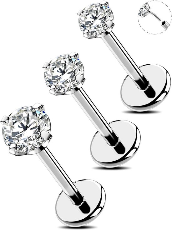 Neuspiercing 18/20 g, 3 stuks, platte achterkant, schelp, tragus, helix sieraden, zonder schroefdraad, chirurgisch staal, voor lippen, kraakbeen, CZ 6/8/10 mm