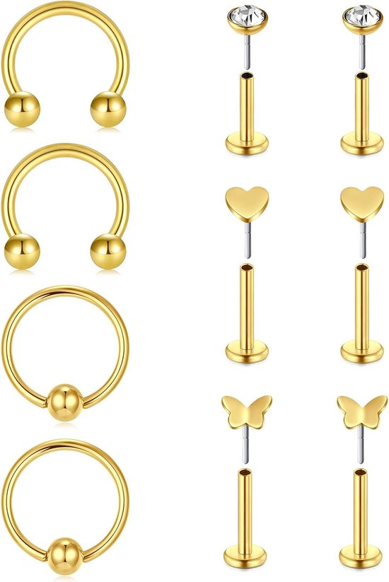 Neuspiercing, 20 g, chirurgisch staal, platte tragus, helix, labret, medusa, hart, piercing, sieraad