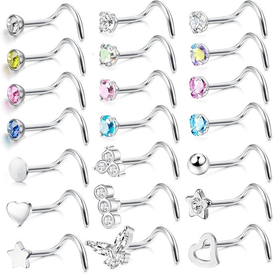 Neuspiercing, 21 stuks, 20 g, 316L chirurgisch staal, nostril, L-vorm/I-vorm/S-vorm, neuspiercing, zilveren piercing, neuspiercing, sieraden voor dames