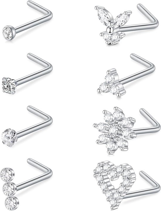 Neuspiercing, neusring, schroef, L-vorm, neusring, stud, 18 g, kurkentrekker, neuspiercing, sieraad van roestvrij staal, diamant, hart, zilver, goud, 8 stuks