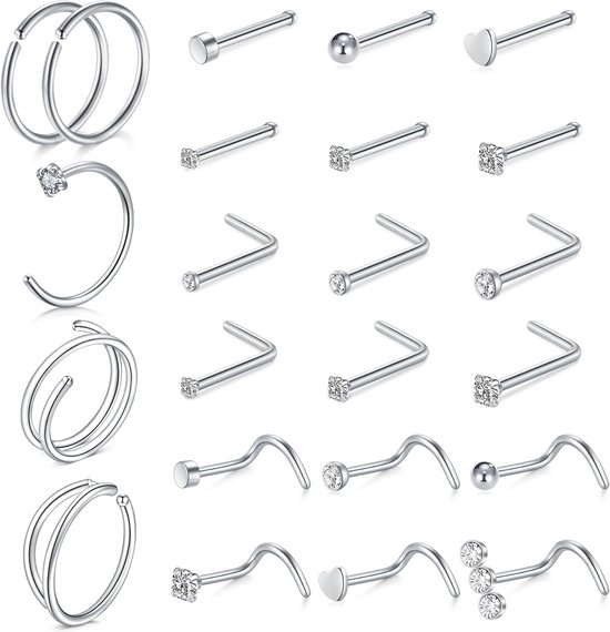 Neuspiercing, ring, dun, chirurgisch staal, spiraal, L, rechte neuspiercing, steker, zilver, dubbele hoepel-neuspiercingset voor vrouwen en mannen