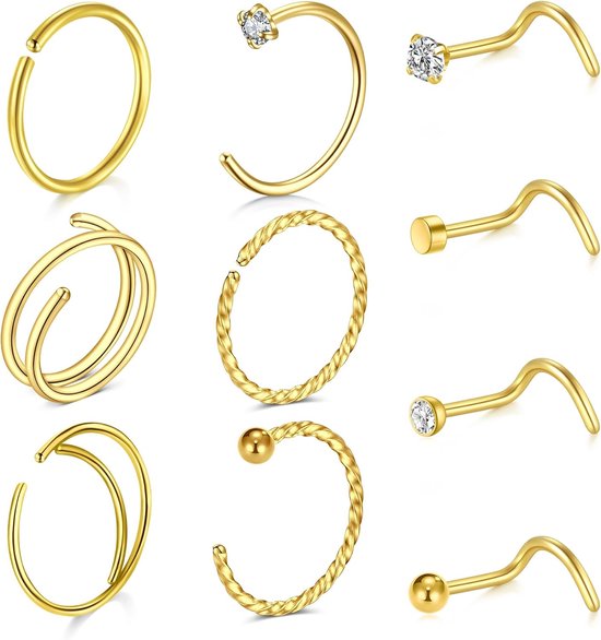 Neuspiercing, ring, dun, spiraal, chirurgisch staal, dubbele neuspiercing, ringen, goud/zilver, set neuspiercing met zirkonia, voor vrouwen en mannen