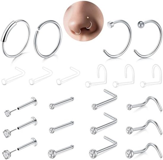 Neuspiercing, set van 22 stuks, 18G roestvrij staal, met neusring en neusstekers, septumpiercing, sieraden, lippiercing, goud- en zilver, voor neus, septum, lip, helix, tragus, daith