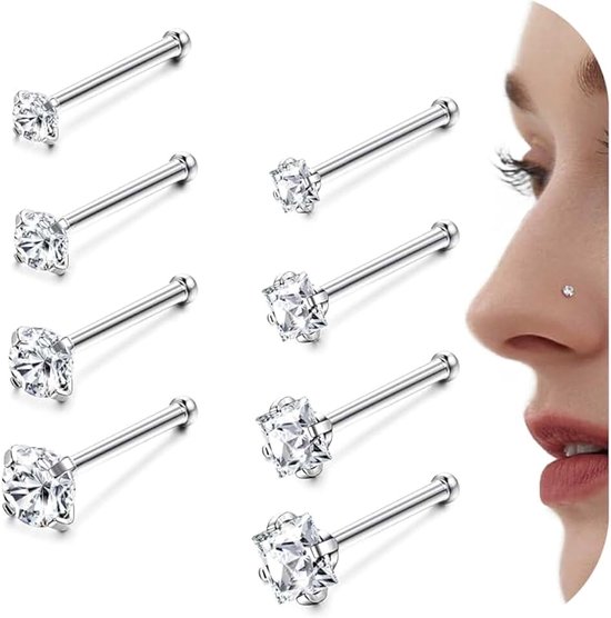 Neuspiercing van chirurgisch staal, 18G, 20G, hypoallergeen, kubische zirkonia, 1,5 mm, 2 mm, 2,5 mm, 3 mm