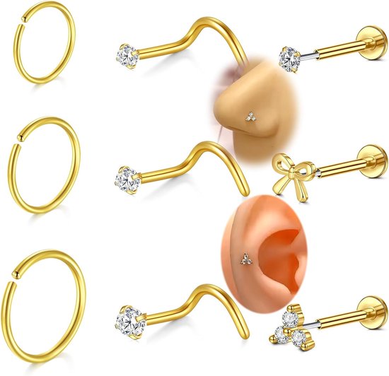 Neuspiercing, voor dames en heren, labret-piercing, lippiercing, push-in flat back, stud, oorringen, Cz Nose Nostril, tragus, helixpiercing