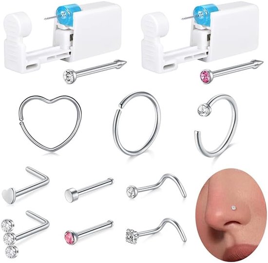 Neuspiercing, zelfsteker, set van 12 stuks, met 20 g L-vormige stekers, 2 stuks neuspiercingpistool met zilveren gouden ringsteekset