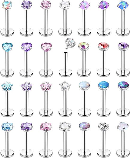 Neuspiercings, 28 stuks, chirurgisch staal, lippiercing, labret, piercing set, zonder schroefdraad, inschuiven, Monroe Medusa-piercing, kleine CZ opaal, oor, conch, tragus, piercing, helix