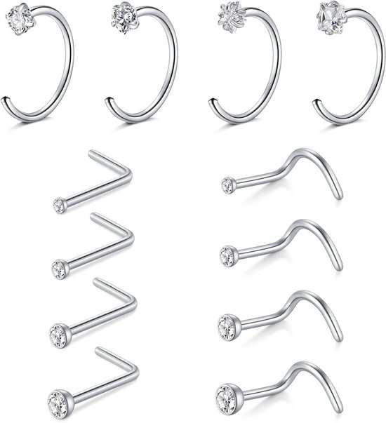 Neuspiercingset voor dames en heren, 12 stuks, 18G roestvrijstalen neusringen en L-vormige stekers met zirkonia, zilver/goud, voor dagelijks gebruik en speciale gelegenheden