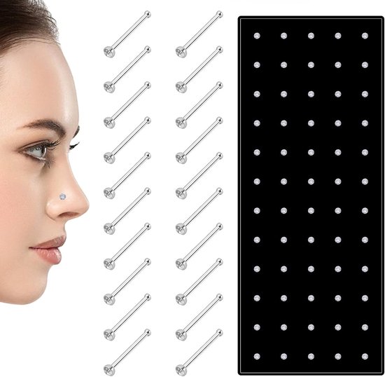 Neuspiercingssteker, 60 stuks, roestvrij staal, zilveren neuspiercing met strass, rechte stoltenstangenstiftstaal, steker, sieraad (1,5 mm)