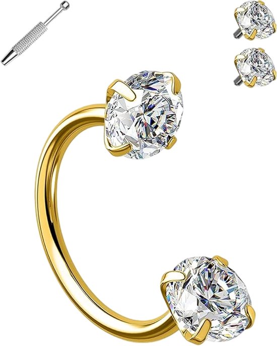 Neusring en Neuspiercing Steker, 316L Chirurgisch Staal Hoefijzer Neusring met CZ, 20G 8MM Intern Geschroefd Piercing Sieraad voor Dames, 4 Stuks Set (Goud)