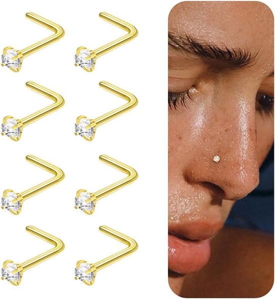 neusringen noppen, 20G L-vormige zilveren neusstekers voor vrouwen en mannen, 8 stuks, zilver, hypoallergeen, niet-aantastende neusring, kleine zirkonia, diamantneuspiercings, sieraden, 1,5