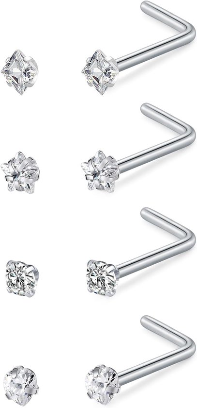 Nostril Neuspiercing, 4 stuks, glitter, roestvrij staal, 20 g, zirkonia, oorringen, neus, dames, heren, zilvergoud, nostril klinknagels