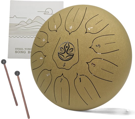 Ohana Drums® Tongue drum – Handpan – 30 cm Ø – Woestijnzand Goud – Klankschaal – 11 noten Handpan - Yoga Drum – Muziekinstrument voor kinderen - Chakra meditatie en ontspanning - Incl. Hollandse liedjes e-book van Ohana Drums