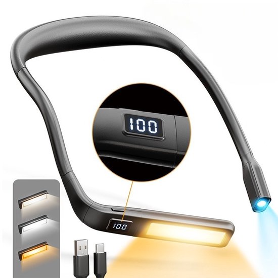 Oogbeschermende Multifunctionele Leeslamp Voor Om De Nek｜Draaibare Flexibele Buis Voor Vrije Instelling, Slimme Batterij-indicator, Drie Lichtkleuren, Drie Helderheidsniveaus｜Ideaal Voor Lezen in Het Donker van Merkloos