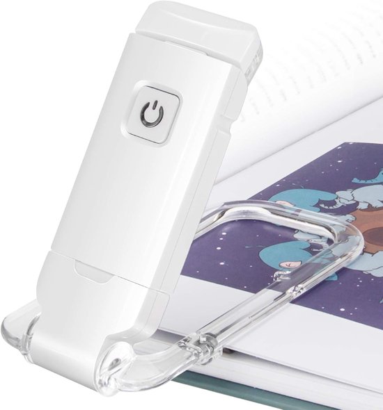 Oplaadbaar LED-boeklampje met clip – Dimbaar bladwijzerlampje met 3 helderheidsniveaus voor oogbescherming – Draagbare leeslamp voor op reis, Wit