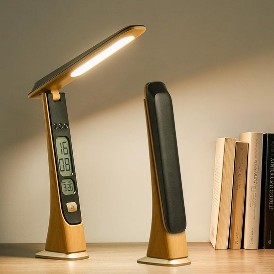 Oplaadbare bureaulamp, driekleurige, traploos dimbare bureaulamp, 1800 mAh bedlamp met tijdsweergave, aanraakbediening, opvouwbaar en draagbaar voor kantoor, lezen en studeren (geen adapter nodig). van Afzonderlijk