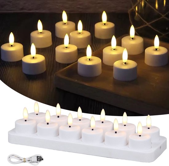 Oplaadbare LED-Theelichtjes - LED-Kaarsen Met Oplaadstation voor Thuis, Restaurants, Feestdagen en Bruiloftsdecoratie - 12 Kaarsen (Exclusief Afstandsbediening) van Merkloos
