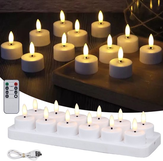 Oplaadbare LED-Theelichtjes - LED-Kaarsen Met Oplaadstation voor Thuis, Restaurants, Feestdagen en Bruiloftsdecoratie - 12 Kaarsen (Inclusief Afstandsbediening) van Merkloos