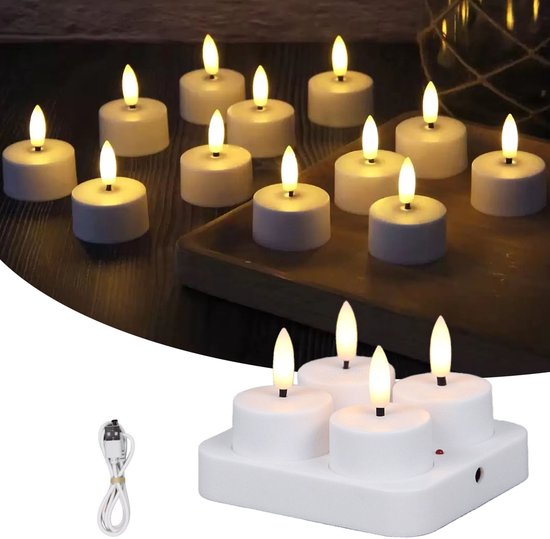 Oplaadbare LED-Theelichtjes - LED-Kaarsen Met Oplaadstation voor Thuis, Restaurants, Feestdagen en Bruiloftsdecoratie - 4 Kaarsen (Exclusief Afstandsbediening) van Merkloos