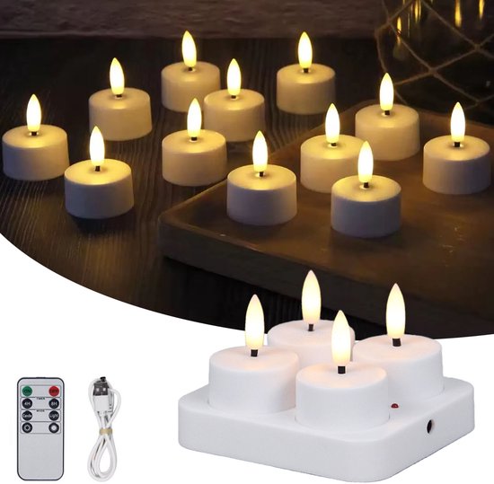 Oplaadbare LED-Theelichtjes - LED-Kaarsen Met Oplaadstation voor Thuis, Restaurants, Feestdagen en Bruiloftsdecoratie - 4 Kaarsen (Inclusief Afstandsbediening) van Merkloos