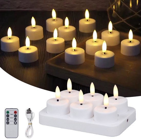 Oplaadbare LED-Theelichtjes - LED-Kaarsen Met Oplaadstation voor Thuis, Restaurants, Feestdagen en Bruiloftsdecoratie - 6 Kaarsen (Inclusief Afstandsbediening) van Merkloos