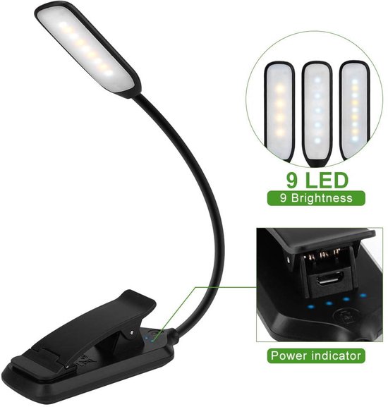 Oplaadbare leeslamp met 9 leds, 5 standen, touchbediening en een batterijduur tot 60 uur. Verkrijgbaar in zwart. van Merkloos