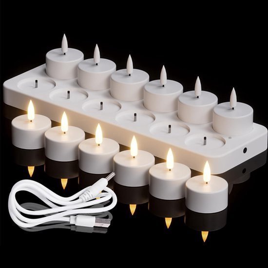 Oplaadbare Theelichtjes , 12 Stuks Op Batterijen Werkende 3D-lont Flikkerende Vlamloze Kaarsen Met Oplaadstation Voor Halloween-kerstdecoratie (4 X 4,7 Cm) van Merkloos