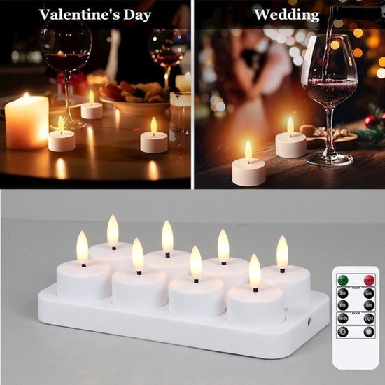Oplaadbare Theelichtjes Met Afstandsbediening En Timer, 8 Stuks Op Batterijen Werkende 3D-lont Flikkerende Vlamloze Kaarsen Met Oplaadstation Voor Halloween-kerstdecoratie (4 X 4,7 Cm)