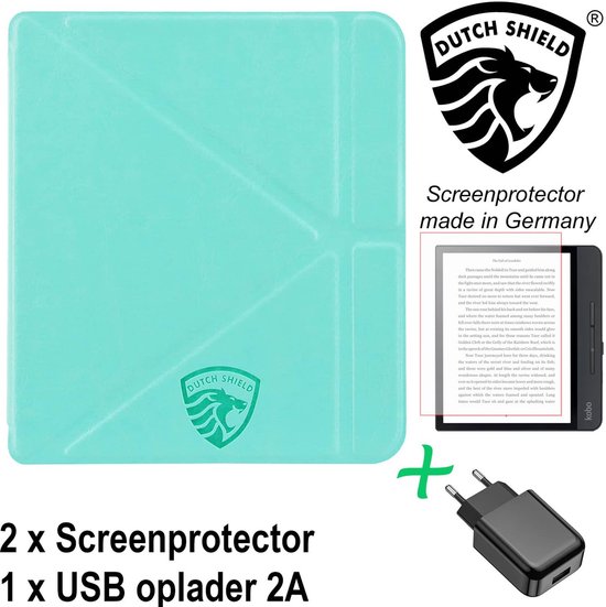 Origami Sleepcover Geschikt voor Kobo Libra 2 Hoes Mint Groen + Screenprotector + Oplader * - ereader hoesje - cover van Ietsen