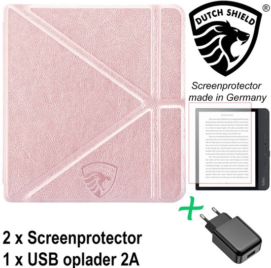 Origami Sleepcover Geschikt voor Kobo Libra 2 Hoes Roze Goud + Screenprotector + Oplader * - ereader hoesje - cover van Origami
