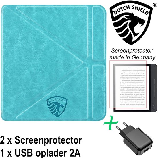 Origami Sleepcover Geschikt voor Kobo Libra 2 Hoes Turquoise + Screenprotector + Oplader * - ereader hoesje - cover van Origami