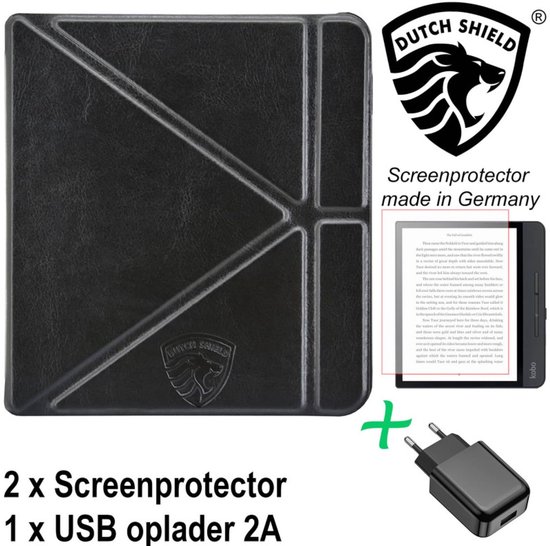 Origami Sleepcover Geschikt voor Kobo Libra 2 Hoes Zwart + Screenprotector + Oplader * - ereader hoesje - cover van Origami