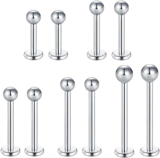 Piercing 10 stuks zilver met Cz kristal en acryl opaal, maten 4 mm, 6 mm, 8 mm, 10 mm, 12 mm, 16 G, voor lip tragus, helix, kraakbeen