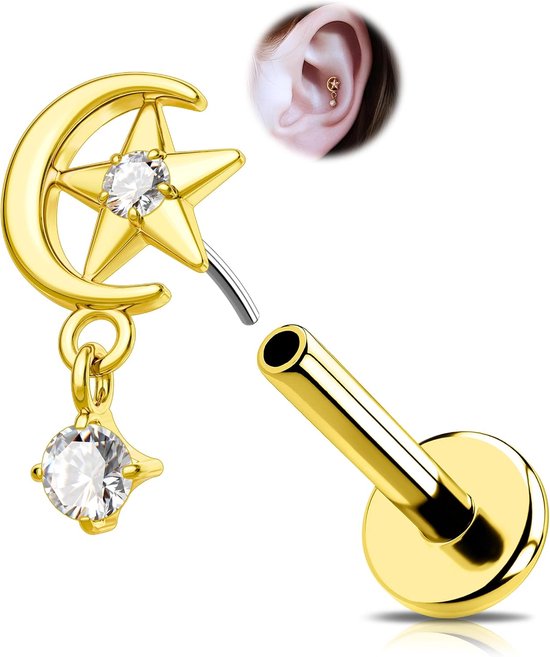 Piercing 18G helix ster hanger titanium piercing oor tragus transparant CZ conch oorbel kraakbeen neus zonder schroefdraad sieraden voor vrouwen 6 mm