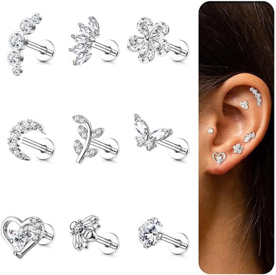 Piercings, 9 stuks, 16G helix piercings, tragus, kraakbeen, oorbellen voor dames, oorknopjes, set, tragus helix conch oorbellen, labret, zirkonia, oorbellen, vlinder, maan, goud, zilver, oor,