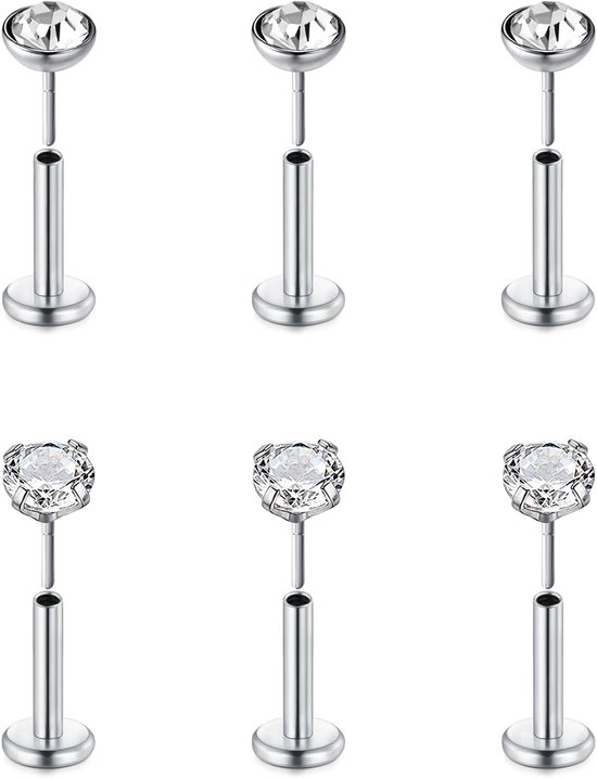 Piercingsieraden, 6 stuks, threadless, push-in, kraakbeen tragus, helix-piercingsieraden, platte achterkant, oorknopjes, roestvrij staal, 16G, 6 mm, 8 mm, 10 mm, lip, oor, medusa-piercing, 2