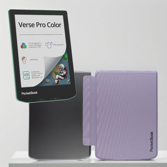 PocketBook Verse Pro Color e-reader Sage Glow – 6 inch – 16 GB – waterdicht + Transparant Paars hoesje – voordeelbundel