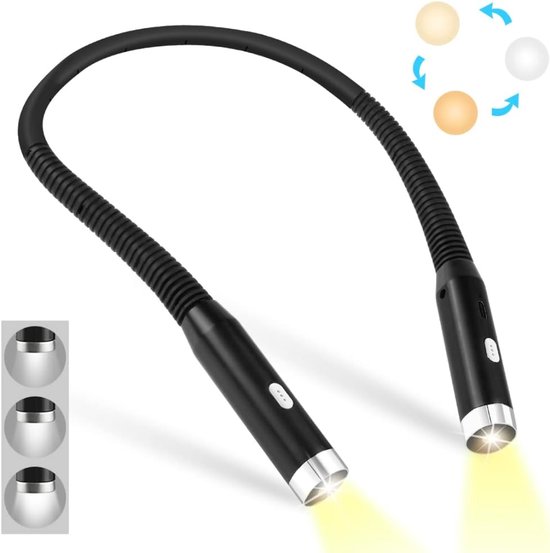 QORA®Nekleeslamp - Leeslampje voor Boek - Neklamp met 3 Lichtstanden - LED Verlicht - 3 Kleuren - Extra Licht - Zwart - 19cm x 13cm x 3cm