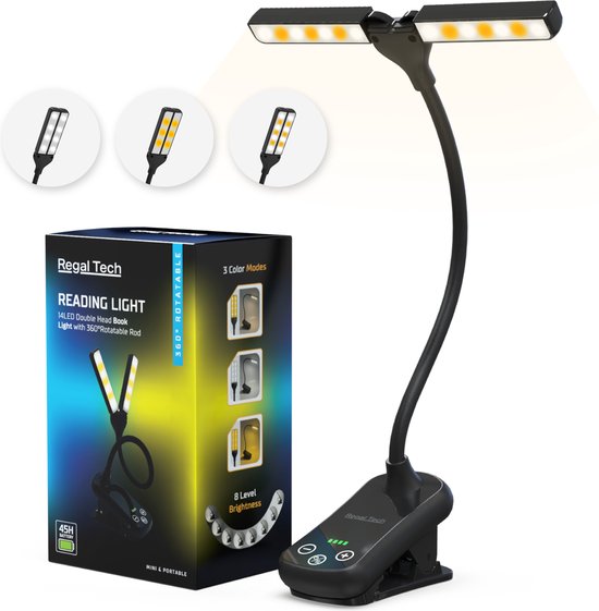 Regal Tech® Oplaadbare Leeslamp - Klemlamp - Draadloze Leeslamp - 3 Verschillende Lichtstanden - Dimbaar - USB-C - Zwart van Regal Tech®